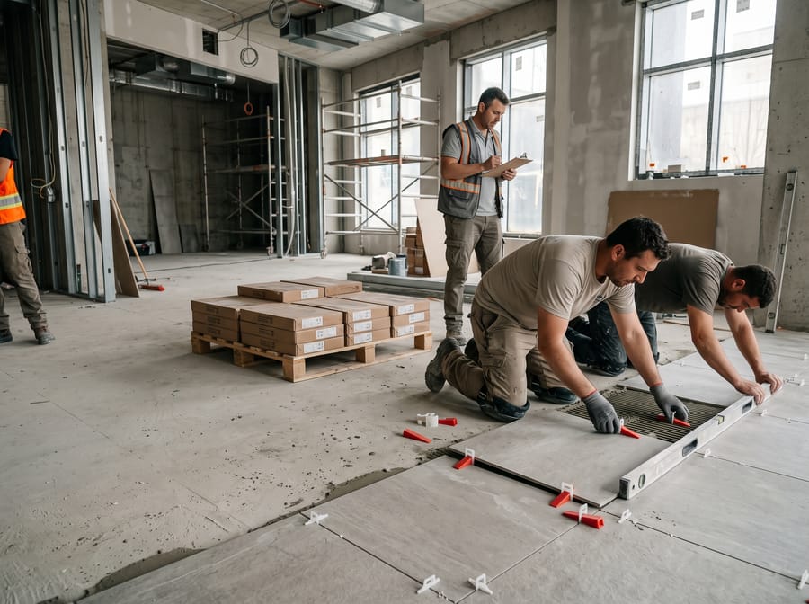 Tilers installing porcelain tiles inside a commercial building project