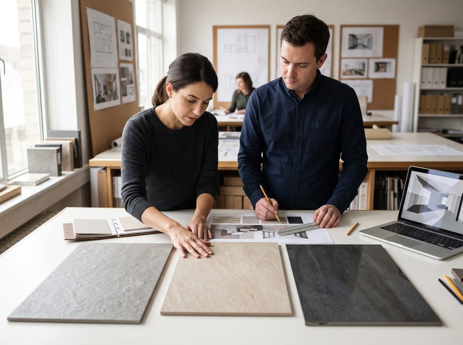 Design team selecting tile and slab materials from samples