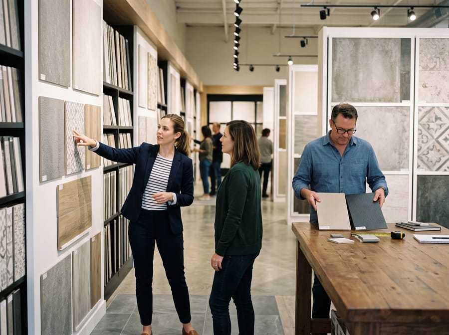 Building material retail showroom interior with tile displays