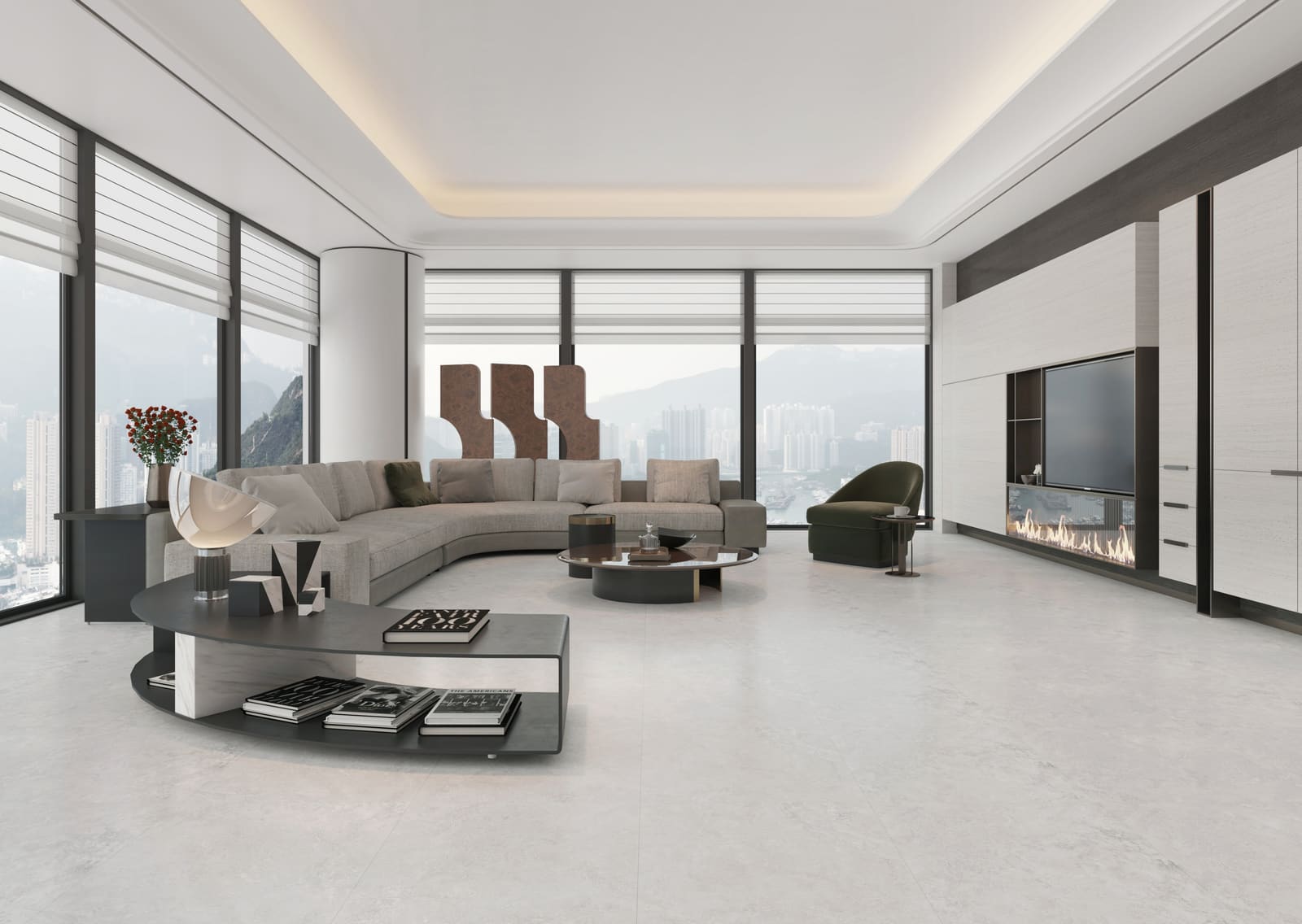 Ethereal Stone light marble-look porcelain across a bright lobby interior