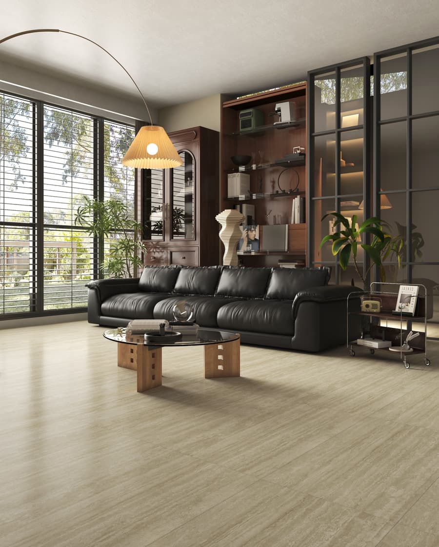 Travertine-look wall and floor pairing