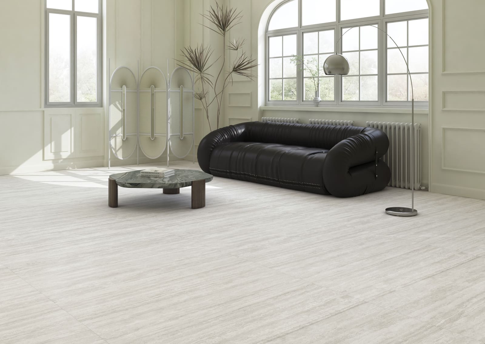 Travertine-look vein-cut porcelain in a warm interior