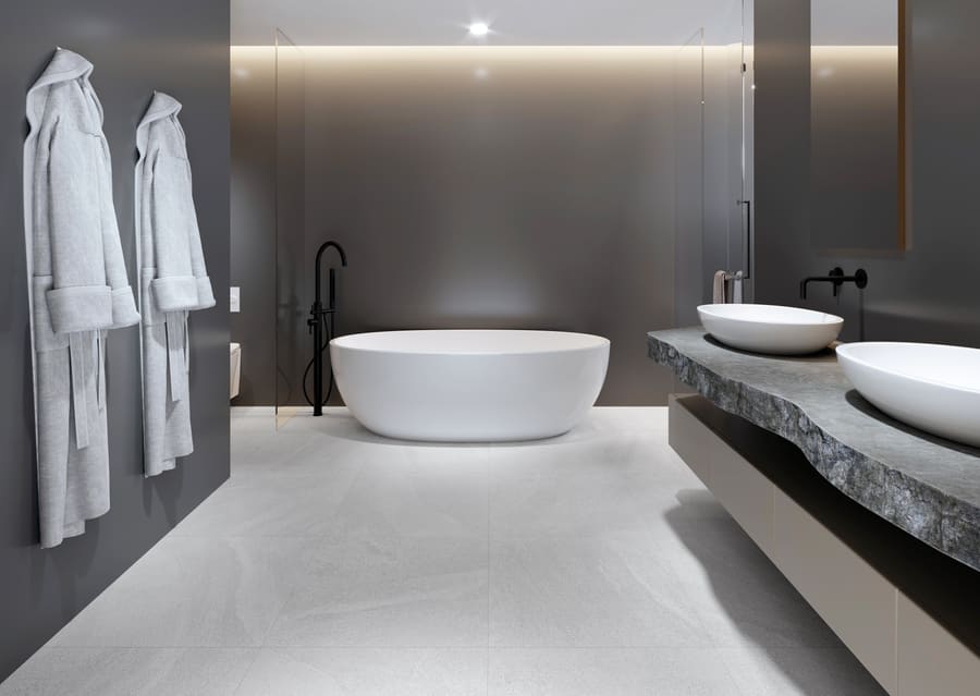 Hotel lobby with durable warm porcelain tile surfaces