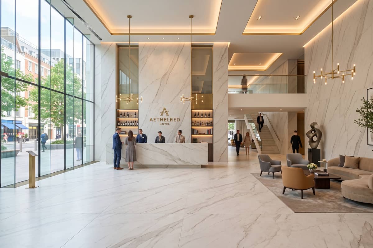 Sintered stone wall and floor with continuous veining in a commercial space