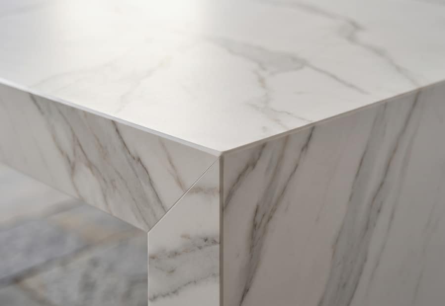 Mitred 45-degree edge detail on a 12mm sintered stone countertop corner