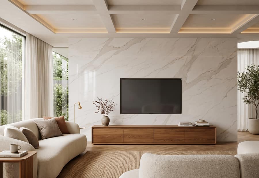 Living room TV feature wall in one seamless sintered stone panel